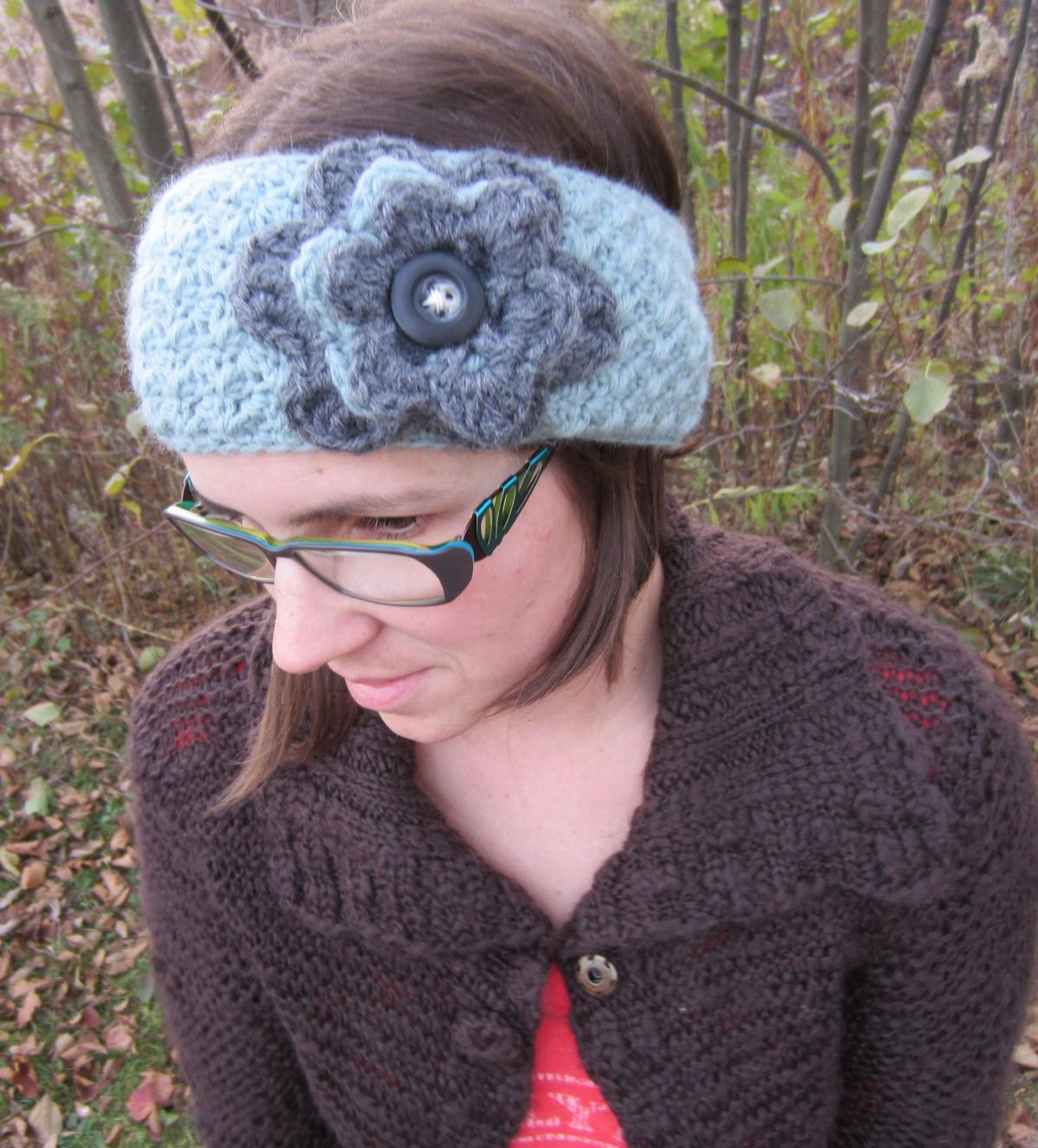 Winter Headwrap / Ear Warmer Blue And Gray With Button Closure