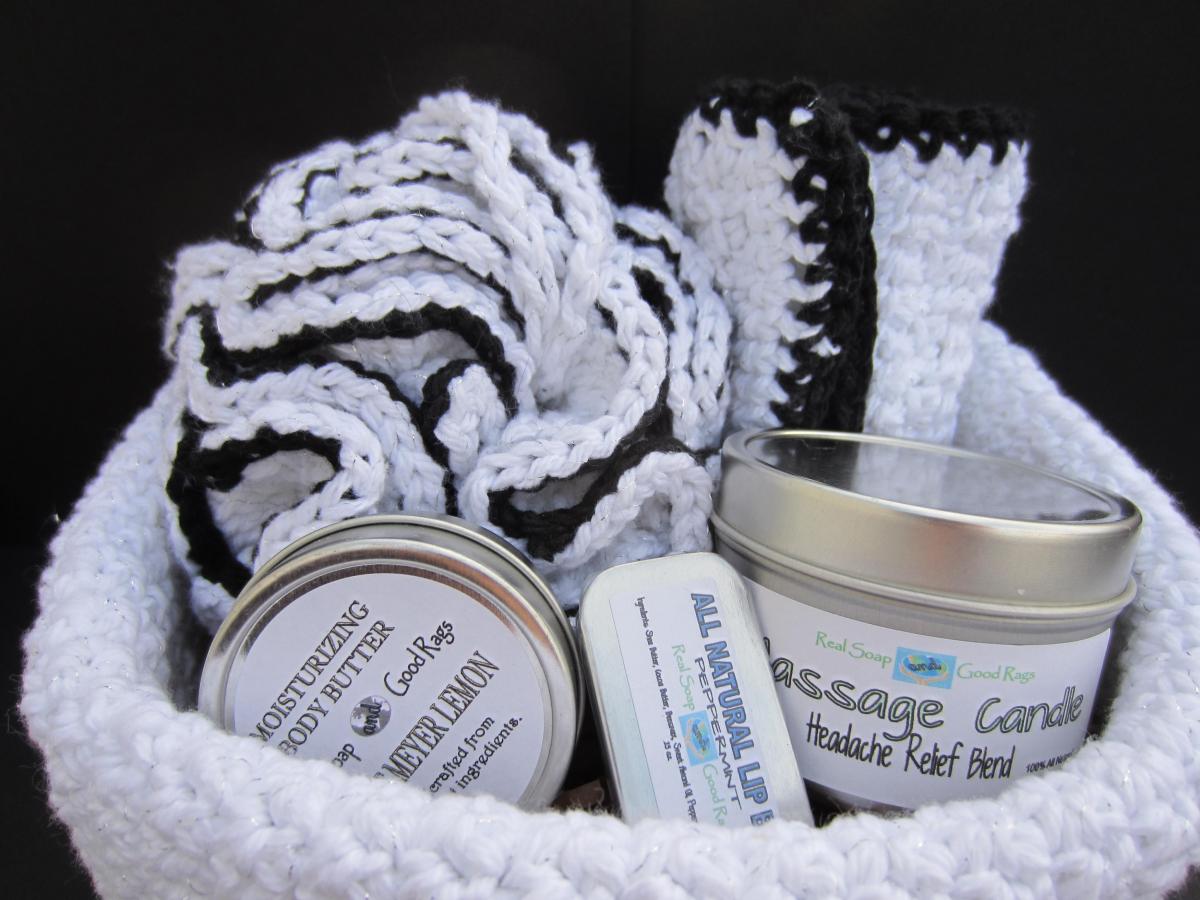 Bath And Body Wedding Gift Basket With Massage Candle, Lip Balm, Body Butter, Bath Pouf, And Rag
